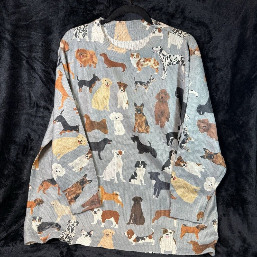 Dog Print Knit Sweater Women's 2XL Grey Multi Dog Breed Canine NWOT Gift Idea